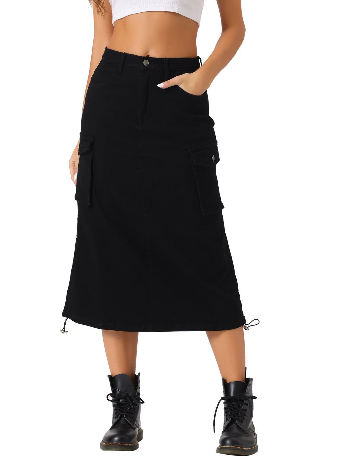 Allegra K Women's Cargo Midi Denim Skirt