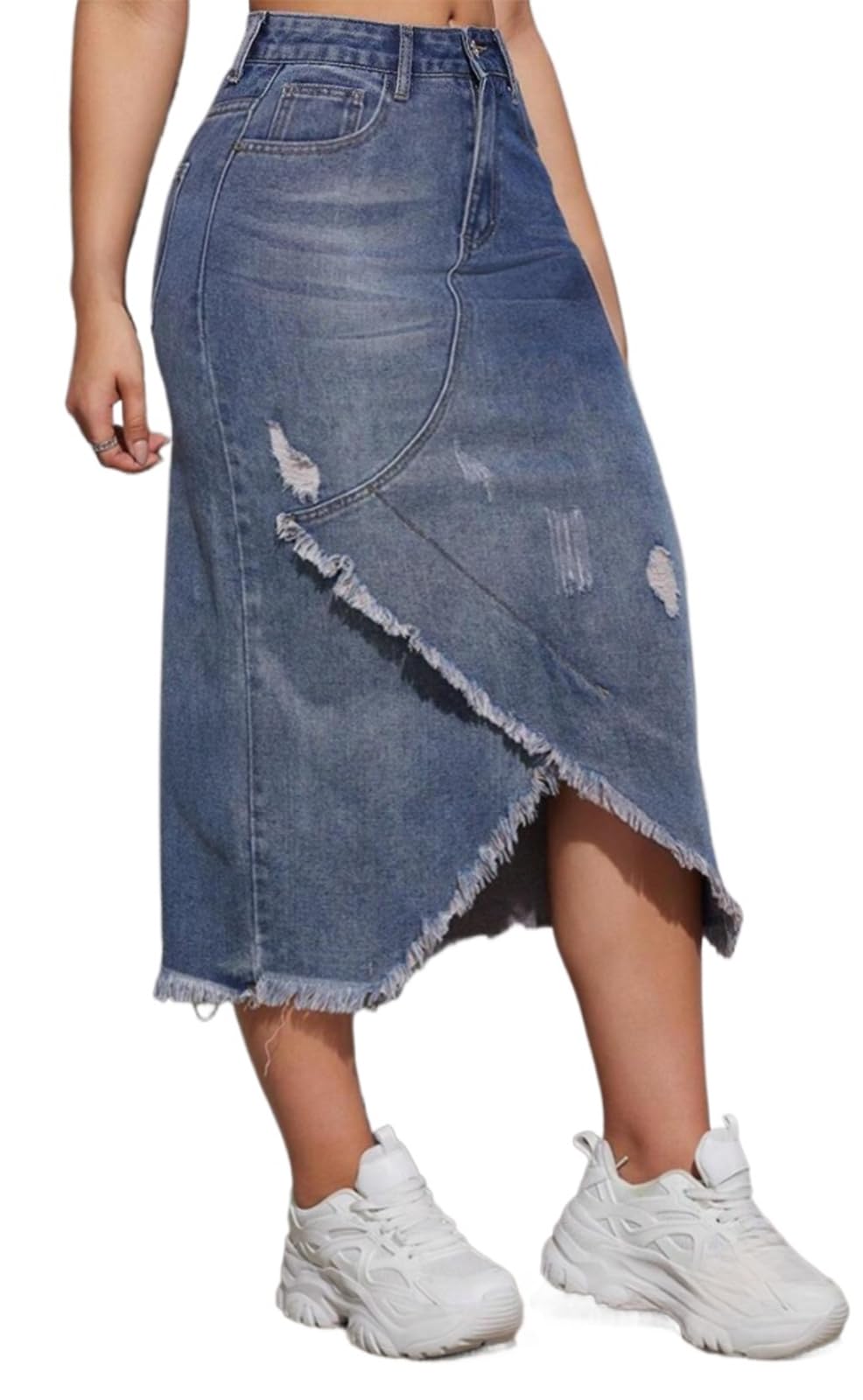 CaniBtr Women's Casual Slit Denim Midi Jean Skirt Stretch with Pockets