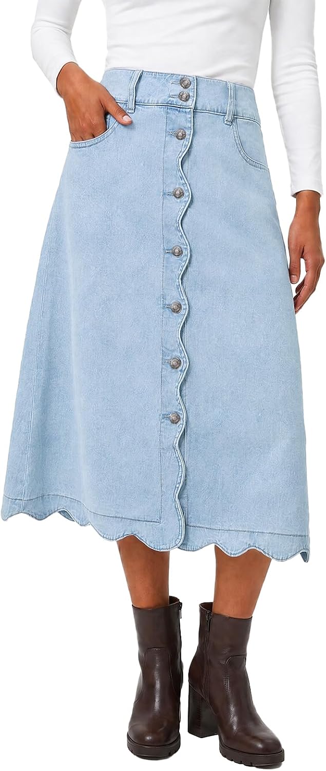 Flowyair Womens Button Down Scalloped Jean Skirt High Waisted Midi Skirts