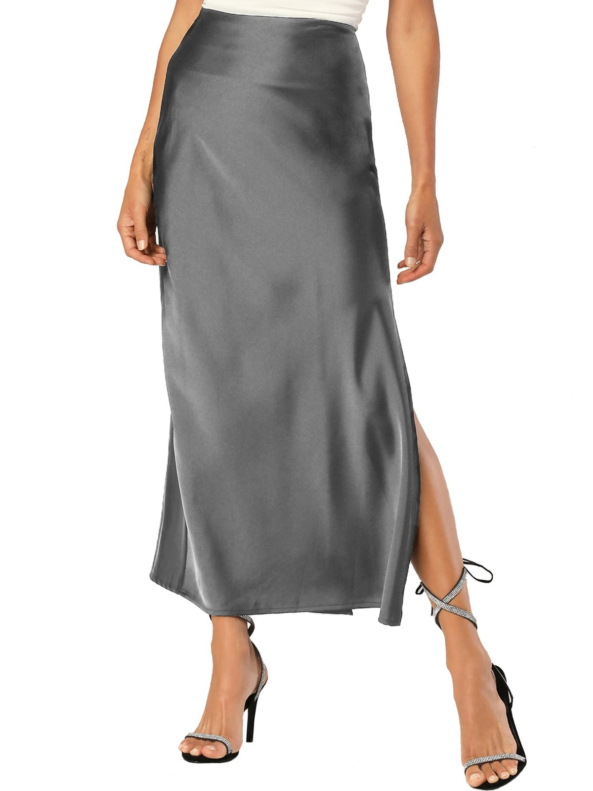 Womens Satin Silk Maxi Slit Skirt Elastic Waistband Leopard Print Maxi Long Satin Slit Skirts for Women
