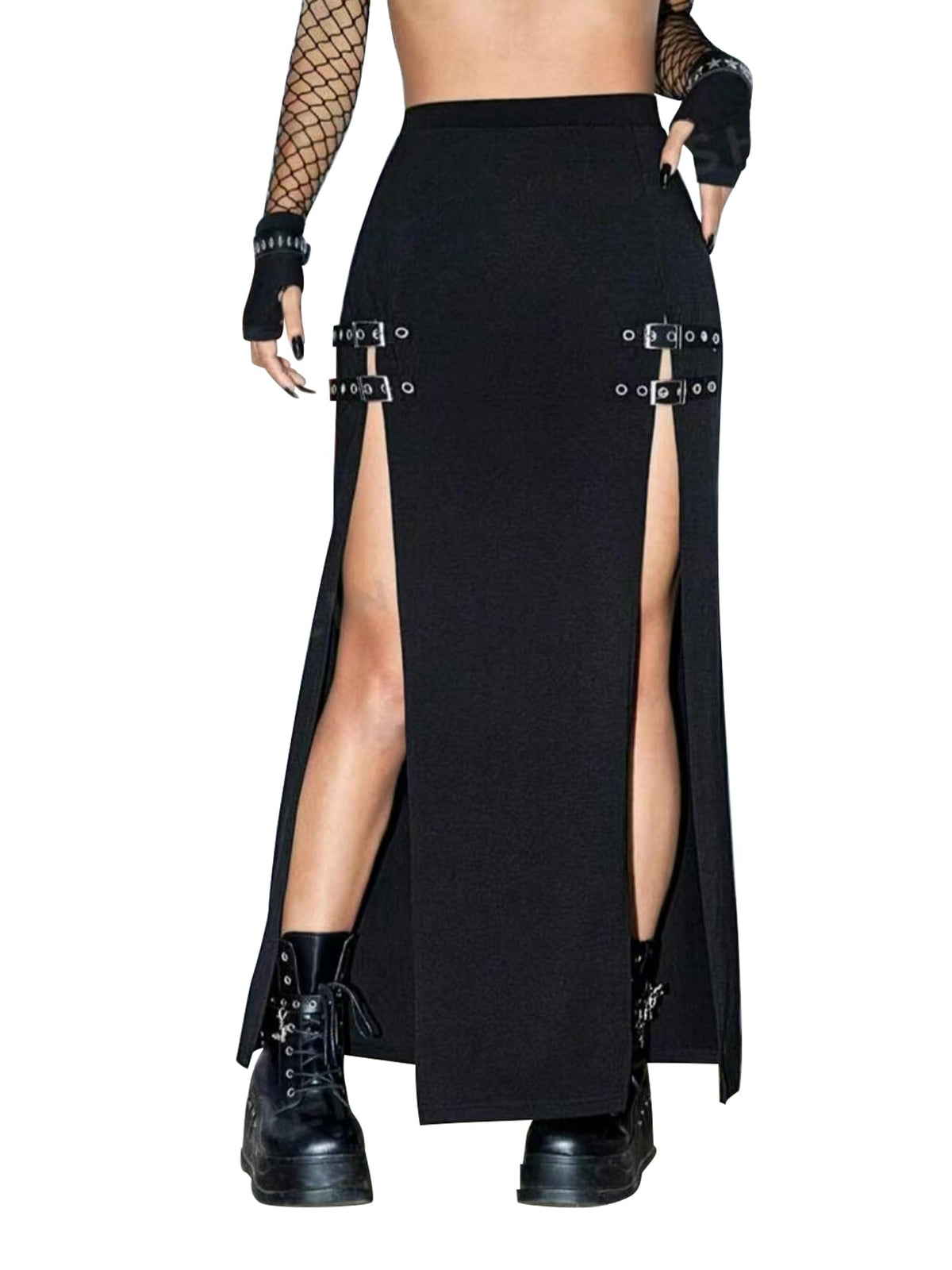 Black Punk Gothic Rave Maxi Skirts with Double Buckle Split for Women Long Goth High Waist Club Party Slit Skirt