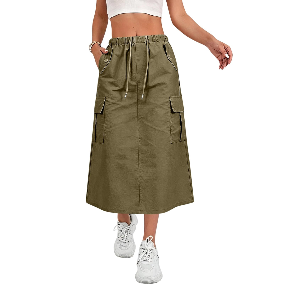 Cargo Skirts for Women Y2K Quick Dry Hiking Maxi Skirt Casual Drawstring High Waisted Parachute Skirts with Pockets