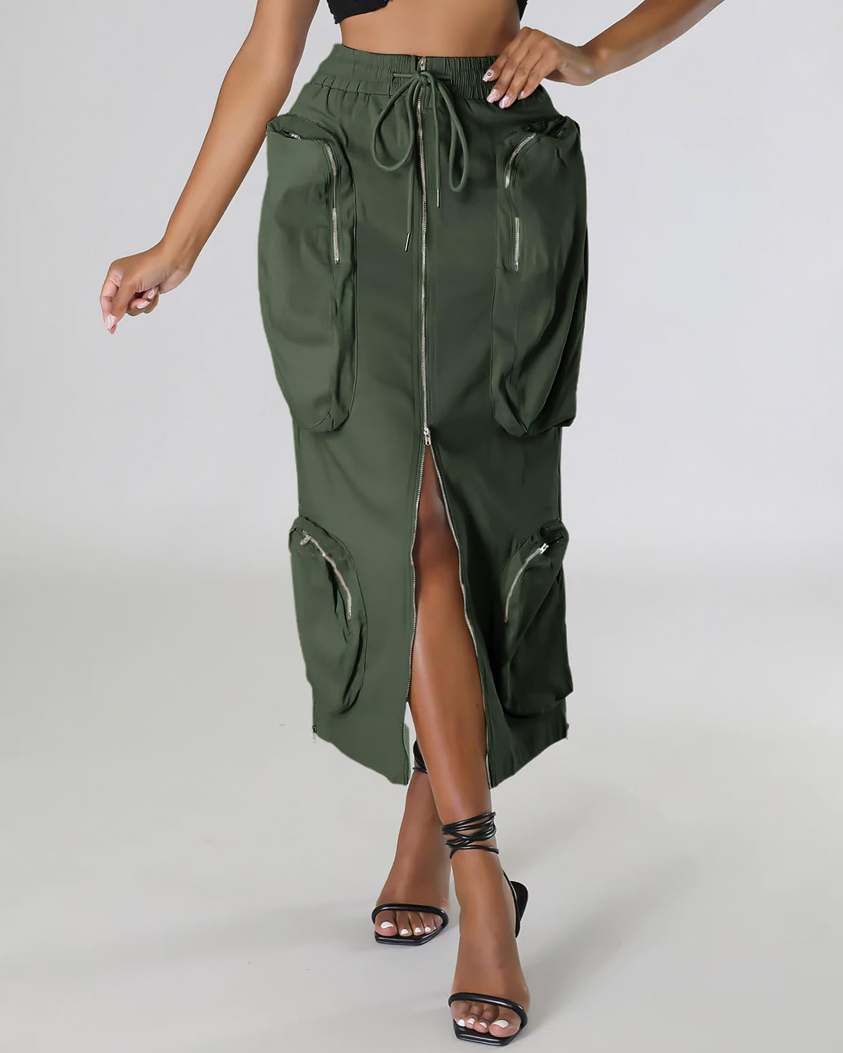 ebossy Women's Vintage 90s Drawstring Stretchy Zipper Muti-Pockets Pencil Long Cargo Skirt