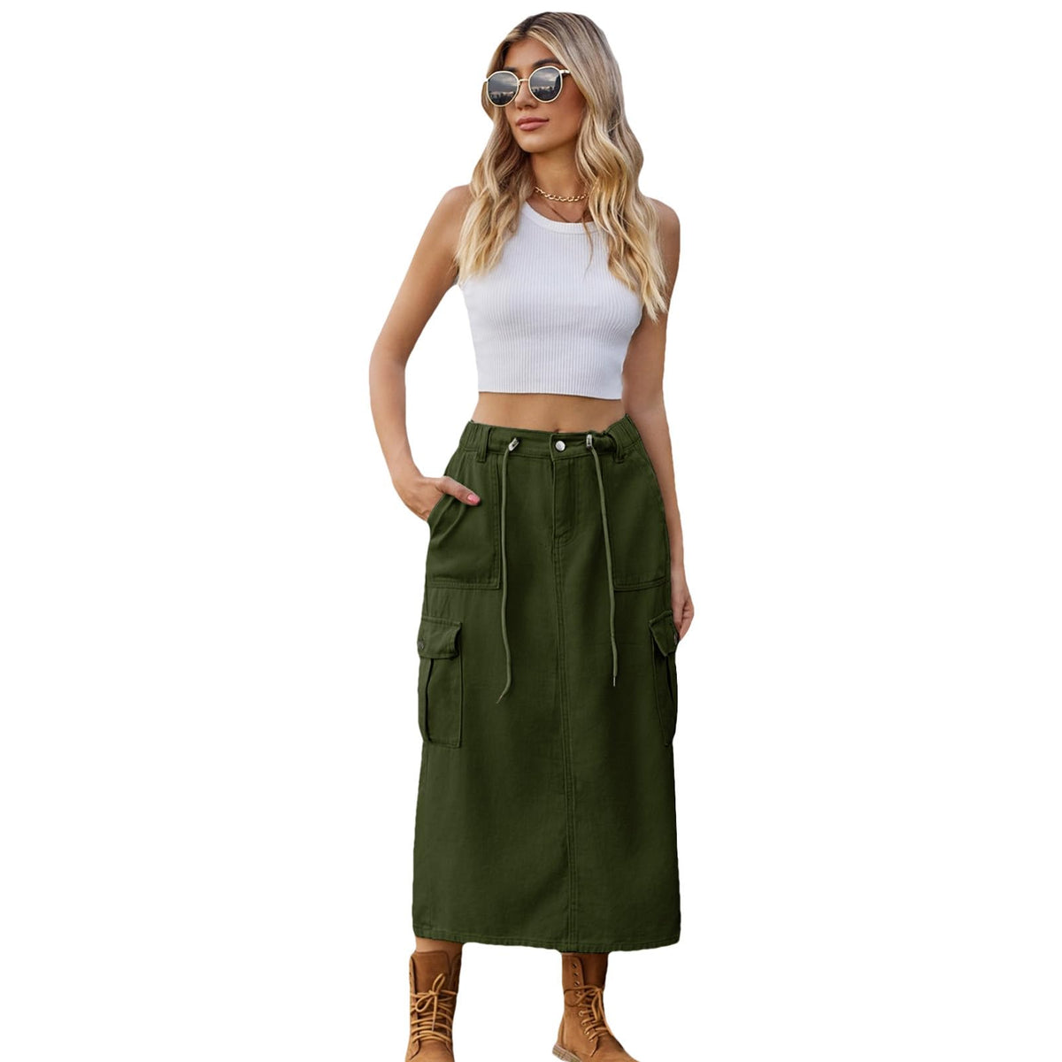 Long Denim Skirts for Women High Waist Back Split A-line Cargo Jean Skirt with Multipockets