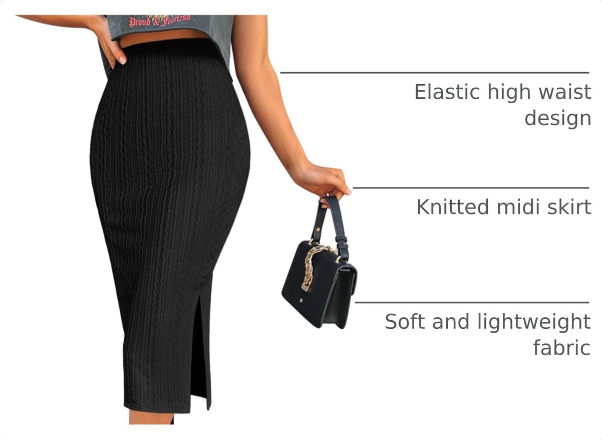 Zeagoo Womens Knit Midi Skirts Casual Pencil Skirt High Waisted Long Skirt with Slit Elegant Work Office Skirts