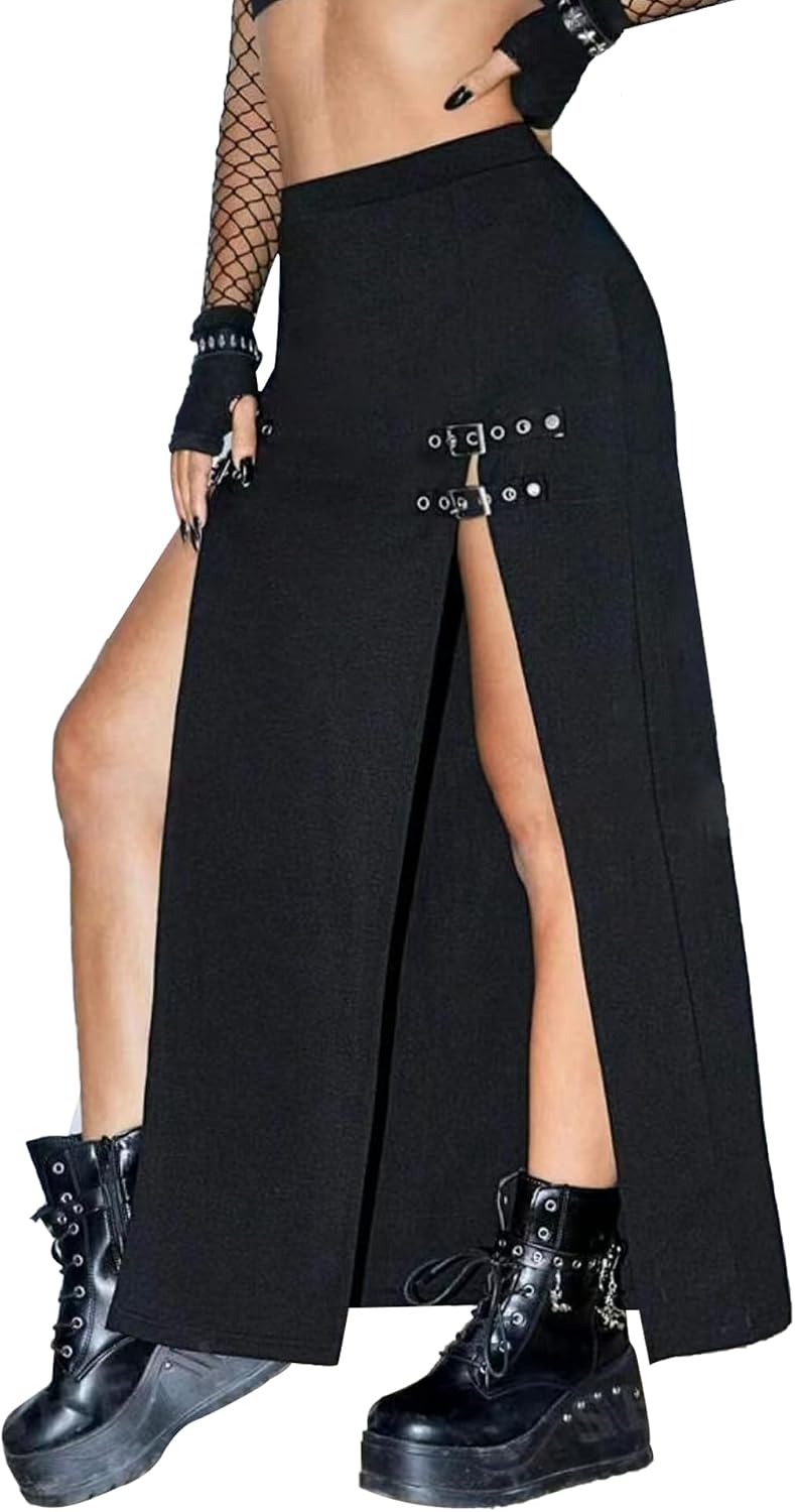 Black Punk Gothic Rave Maxi Skirts with Double Buckle Split for Women Long Goth High Waist Club Party Slit Skirt