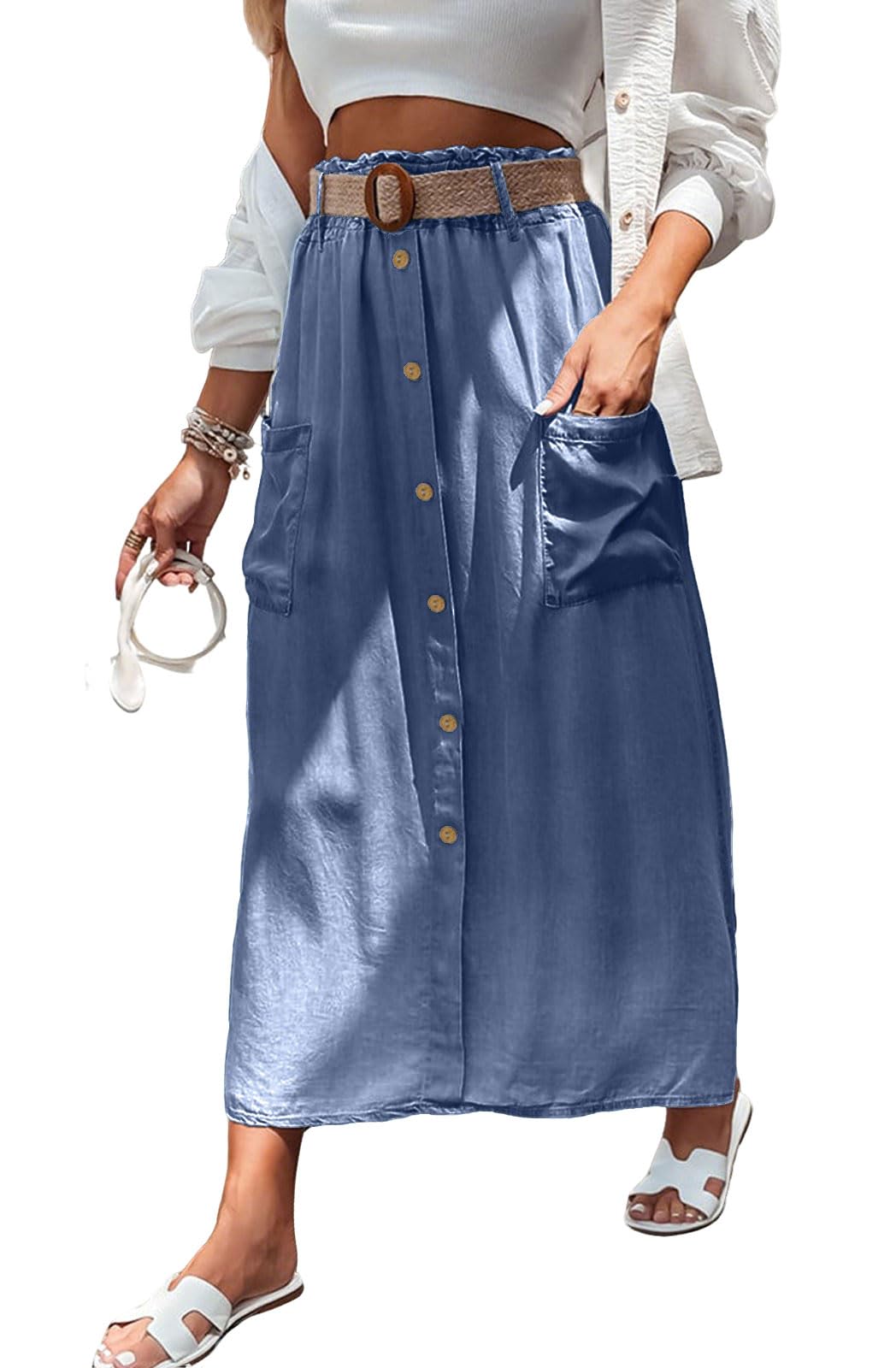 loveimgs Women Summer Elastic Waist Flowy Tencel Denim Maxi Skirt A Line Button Ruffle Cargo Long Jean Skirt Boho Lightweight