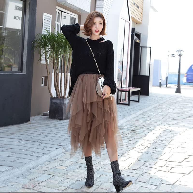 LBKKC Tulle Skirts for Women, Puffy Skirt Asymmetrical Midi Length Ruffled Tutu Layered Mesh Fairy Skirt