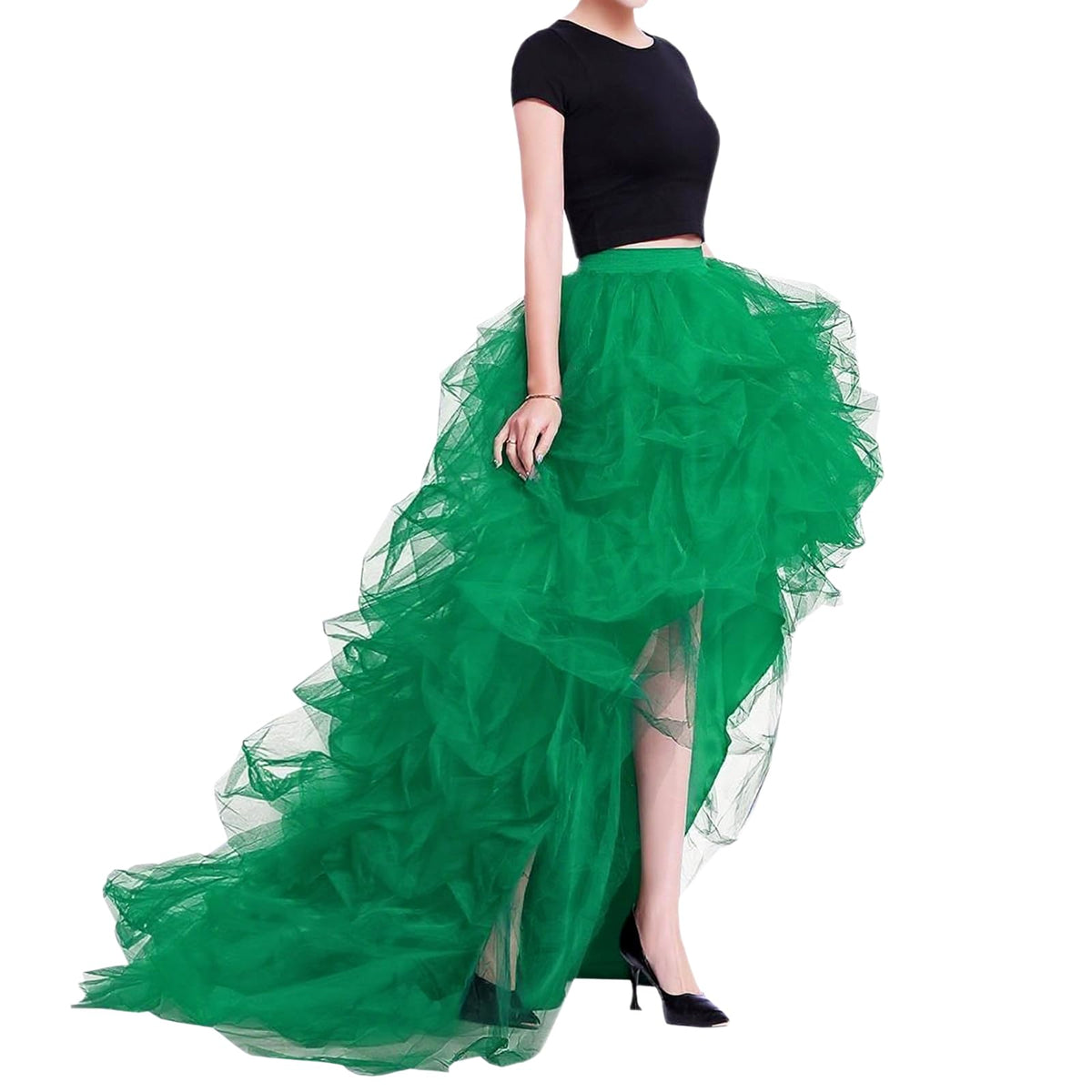 WDPL Women’s High Low Ruffled Tulle Skirt, Long Back Hem for Party Evening