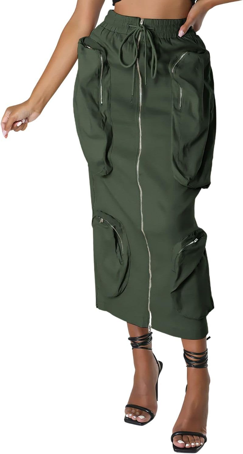 ebossy Women's Vintage 90s Drawstring Stretchy Zipper Muti-Pockets Pencil Long Cargo Skirt