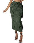 ebossy Women's Vintage 90s Drawstring Stretchy Zipper Muti-Pockets Pencil Long Cargo Skirt