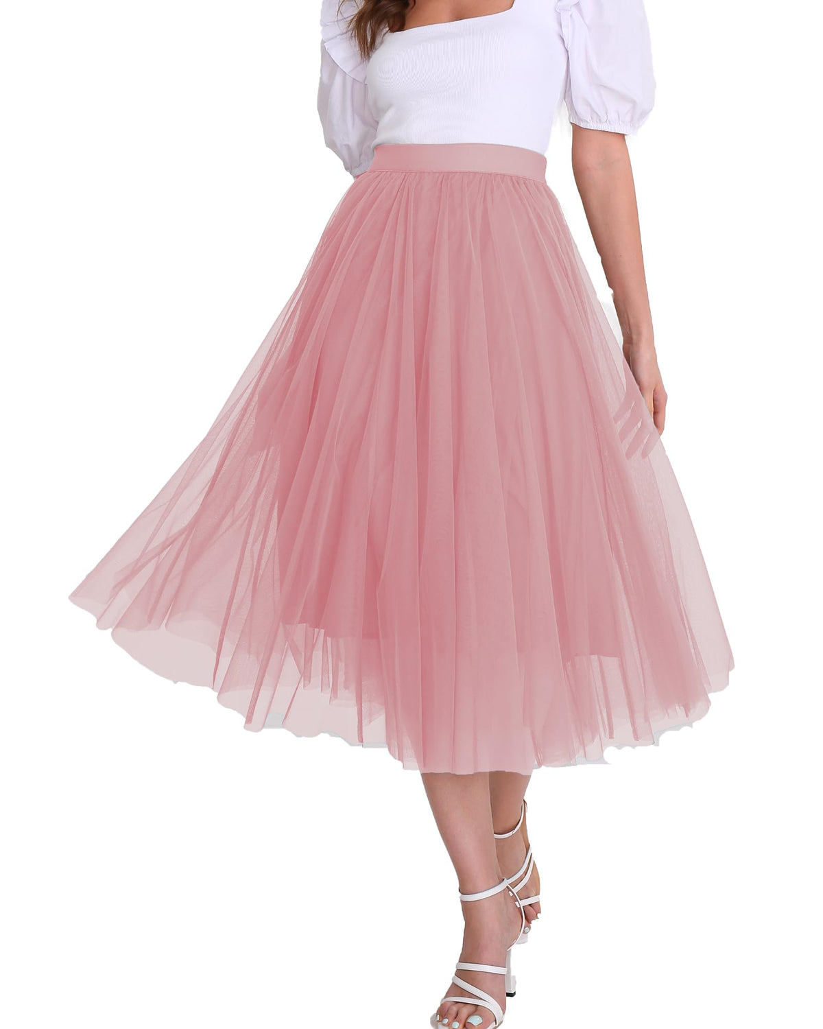 Women’s Tulle Skirts Midi Elastic High Waist Pleated Mesh Flowy A-Line Party Long Tutu Skirts…