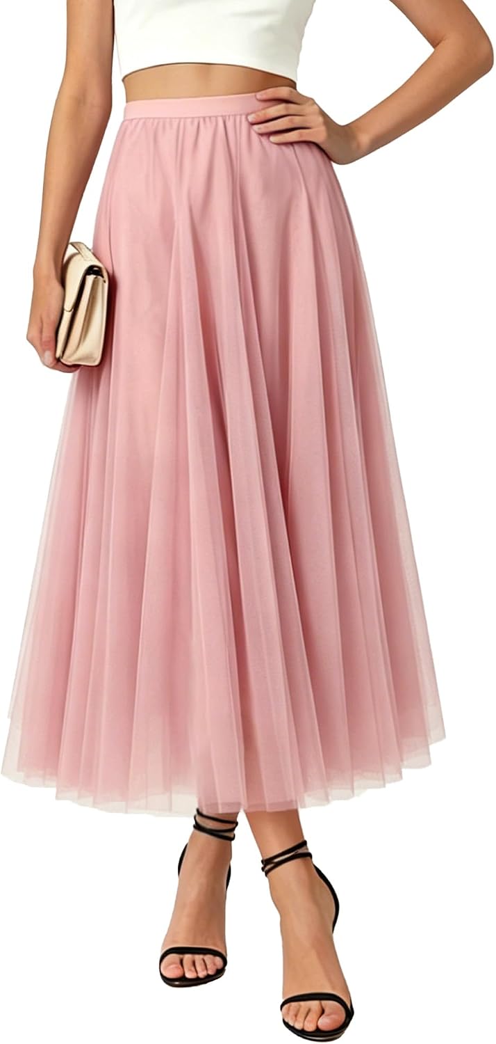 Betusline Women's Maxi Tulle Tutu Skirt A Line High Waisted Flowy Skirts
