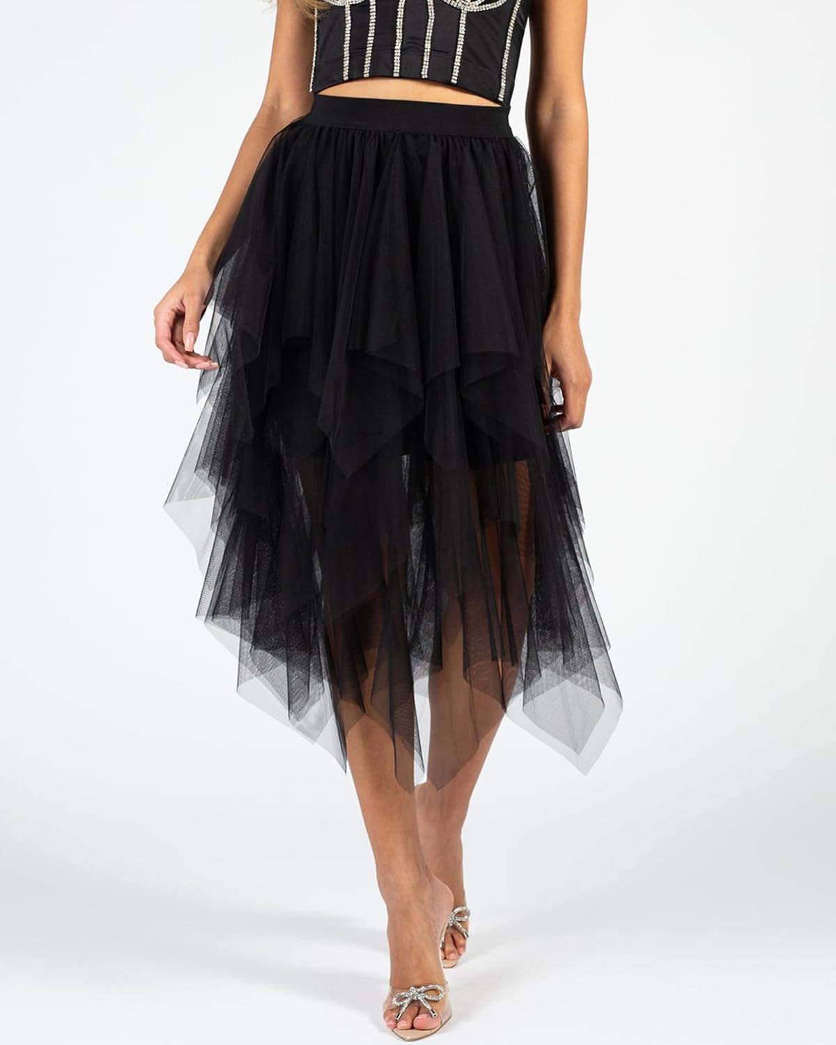 Jogold Womens 3 Layer Tulle Skirt High Waist Asymmetrical Midi Tutu