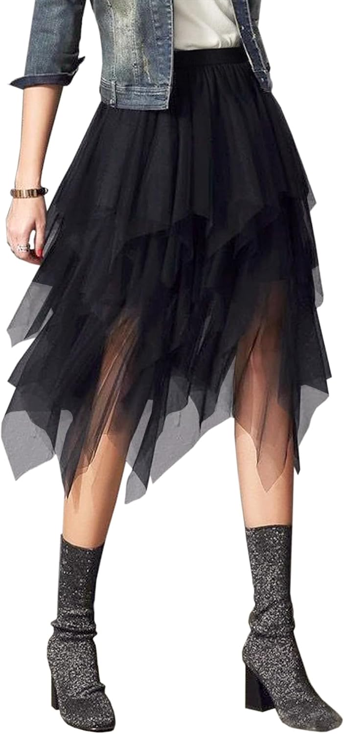 Jogold Womens 3 Layer Tulle Skirt High Waist Asymmetrical Midi Tutu