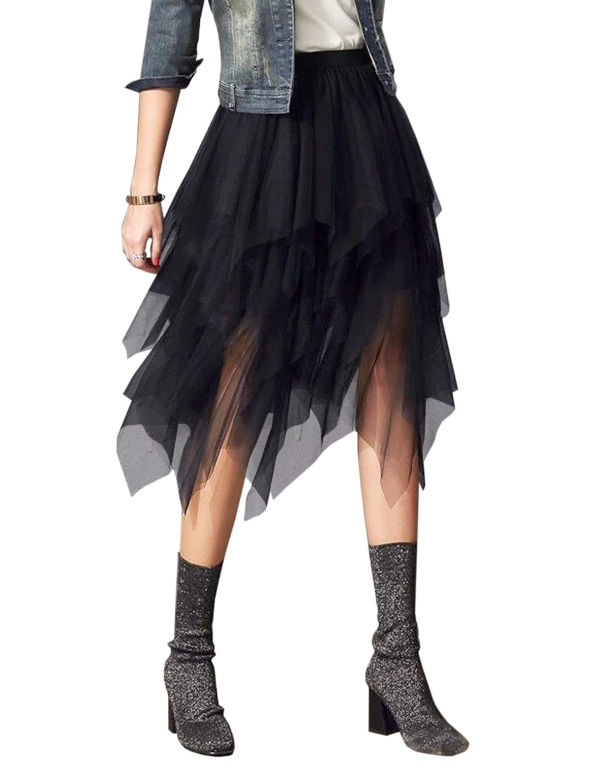 Jogold Womens 3 Layer Tulle Skirt High Waist Asymmetrical Midi Tutu