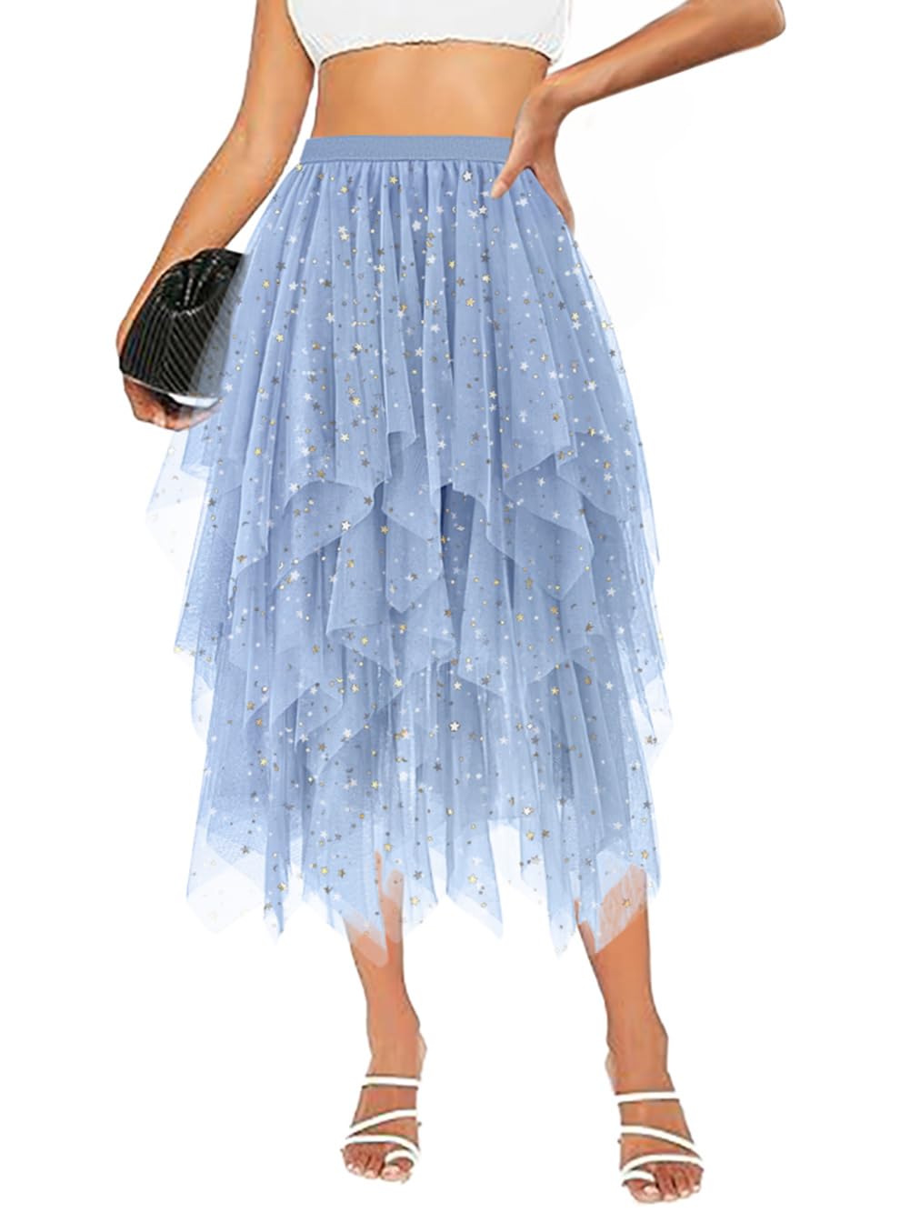 Tulle Skirts for Women Midi Long Tutu Skirt A-Line Mesh Layered Fairy Trendy High Elastic Waist Halloween Skirts