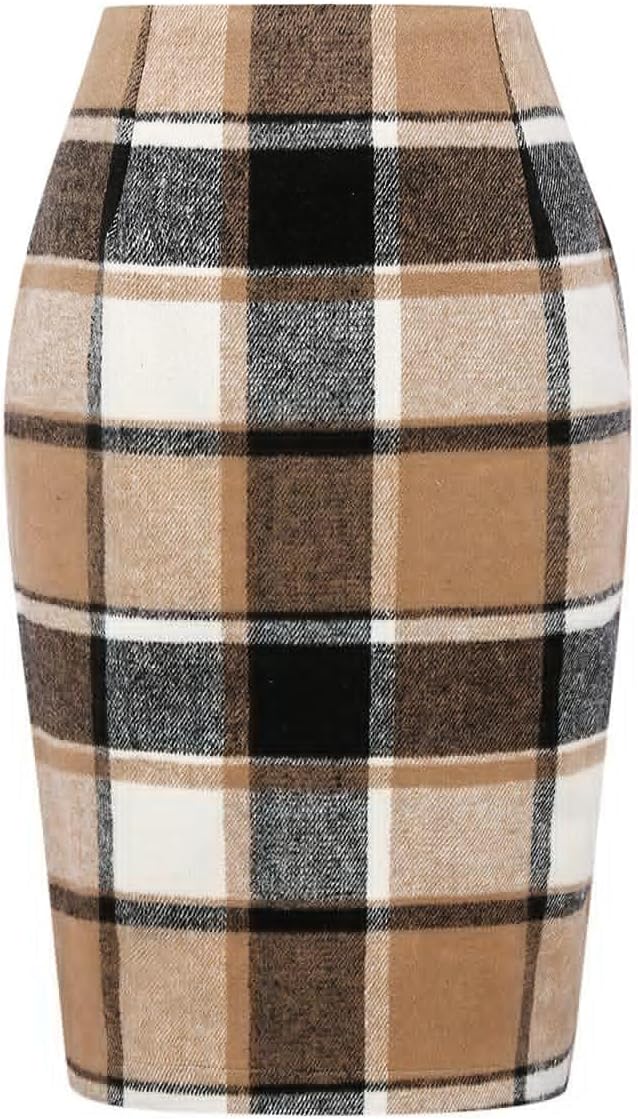 IDEALSANXUN Plaid Skirts for Women Fall Winter Knee Length Pencil Wool Skirt with Slit
