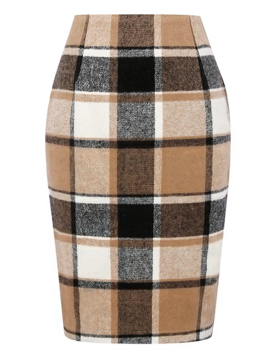 IDEALSANXUN Plaid Skirts for Women Fall Winter Knee Length Pencil Wool Skirt with Slit