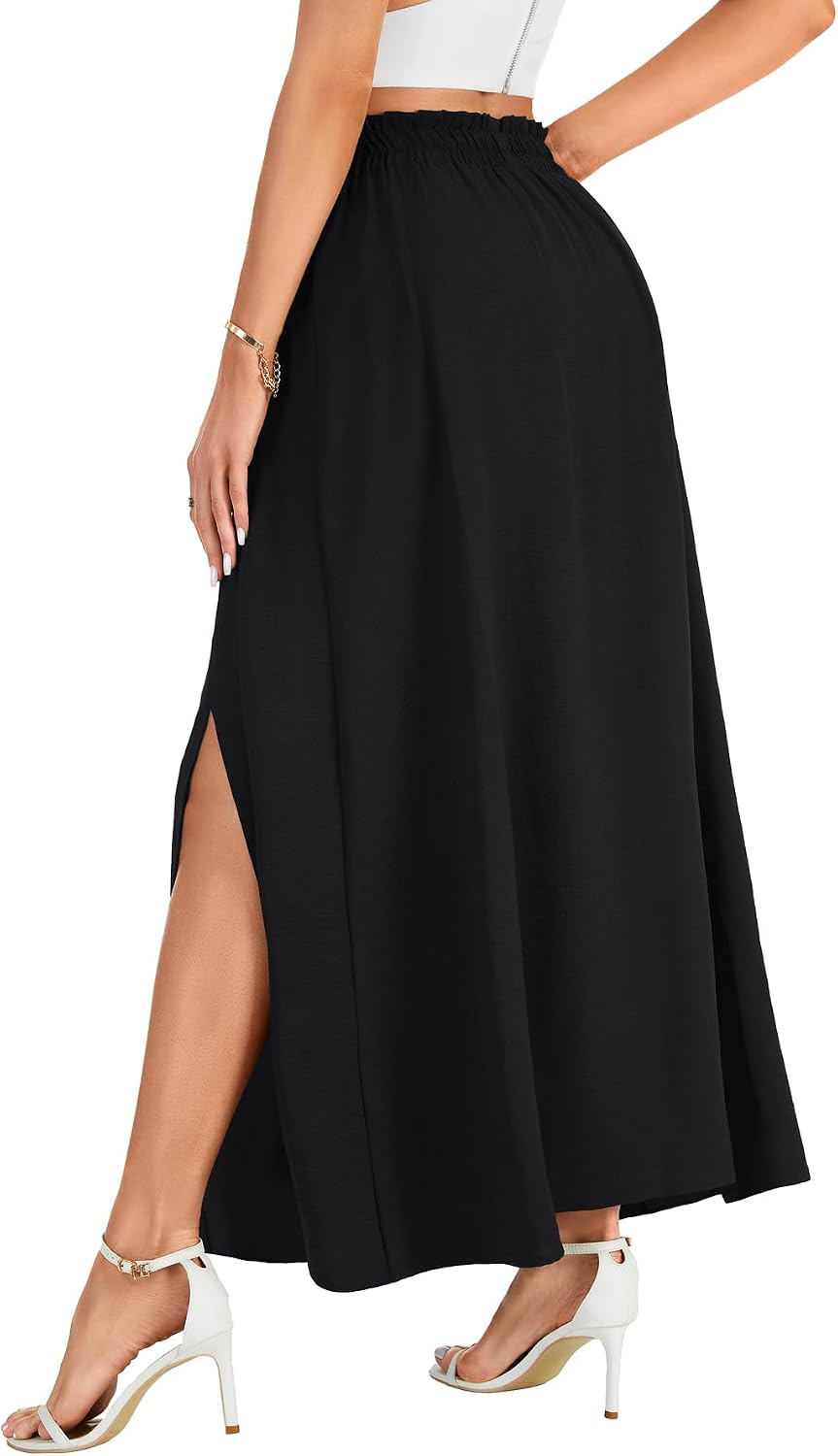 LYANER Women's Tie Front Pleated A Line Skirt High Waist Flowy Boho Maxi Dress with Slit Dressy Outfit