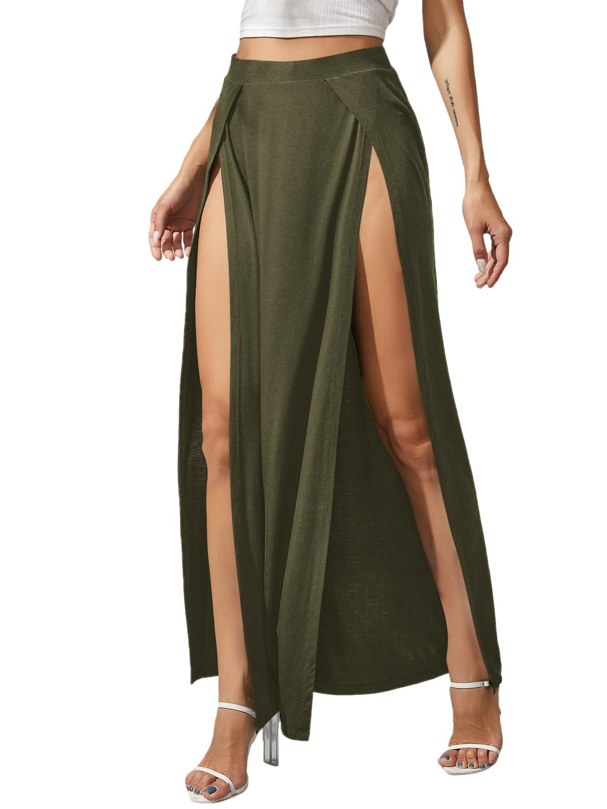 Verdusa Women's Elastic Waist High Split Wrap Flowy Long Maxi Skirt