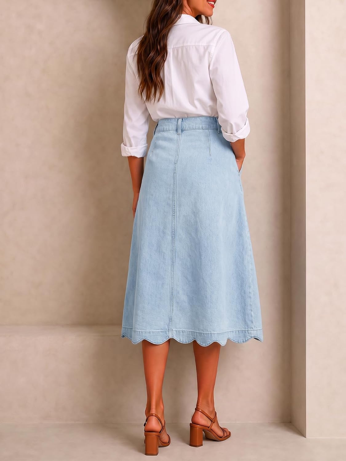 Flowyair Womens Button Down Scalloped Jean Skirt High Waisted Midi Skirts
