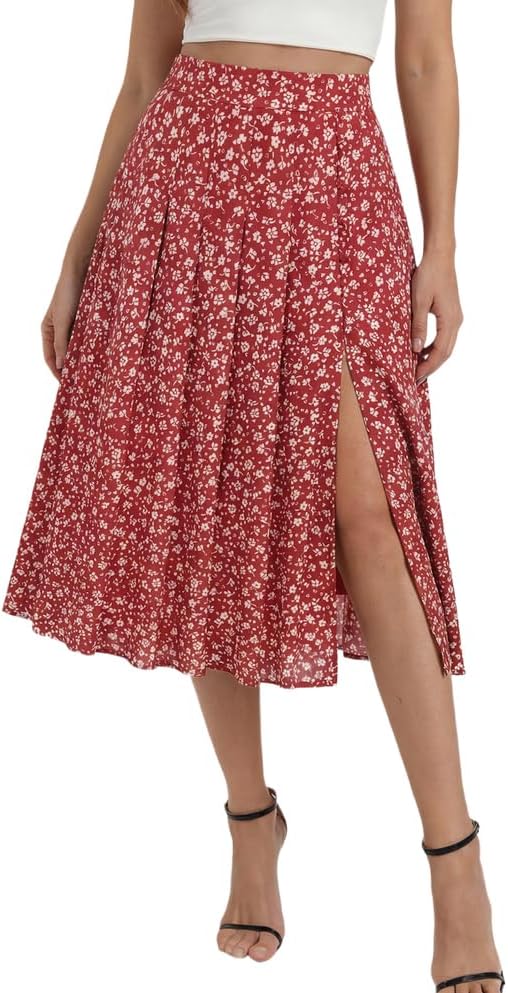 Belle Poque Women's Floral Midi Skirts with Slit High Waist Pleated Skirts Flowy A-Line Skirt with Pockets Spring Summer 2026