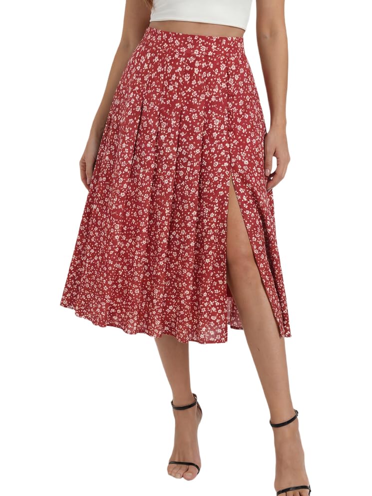 Belle Poque Women's Floral Midi Skirts with Slit High Waist Pleated Skirts Flowy A-Line Skirt with Pockets Spring Summer 2026