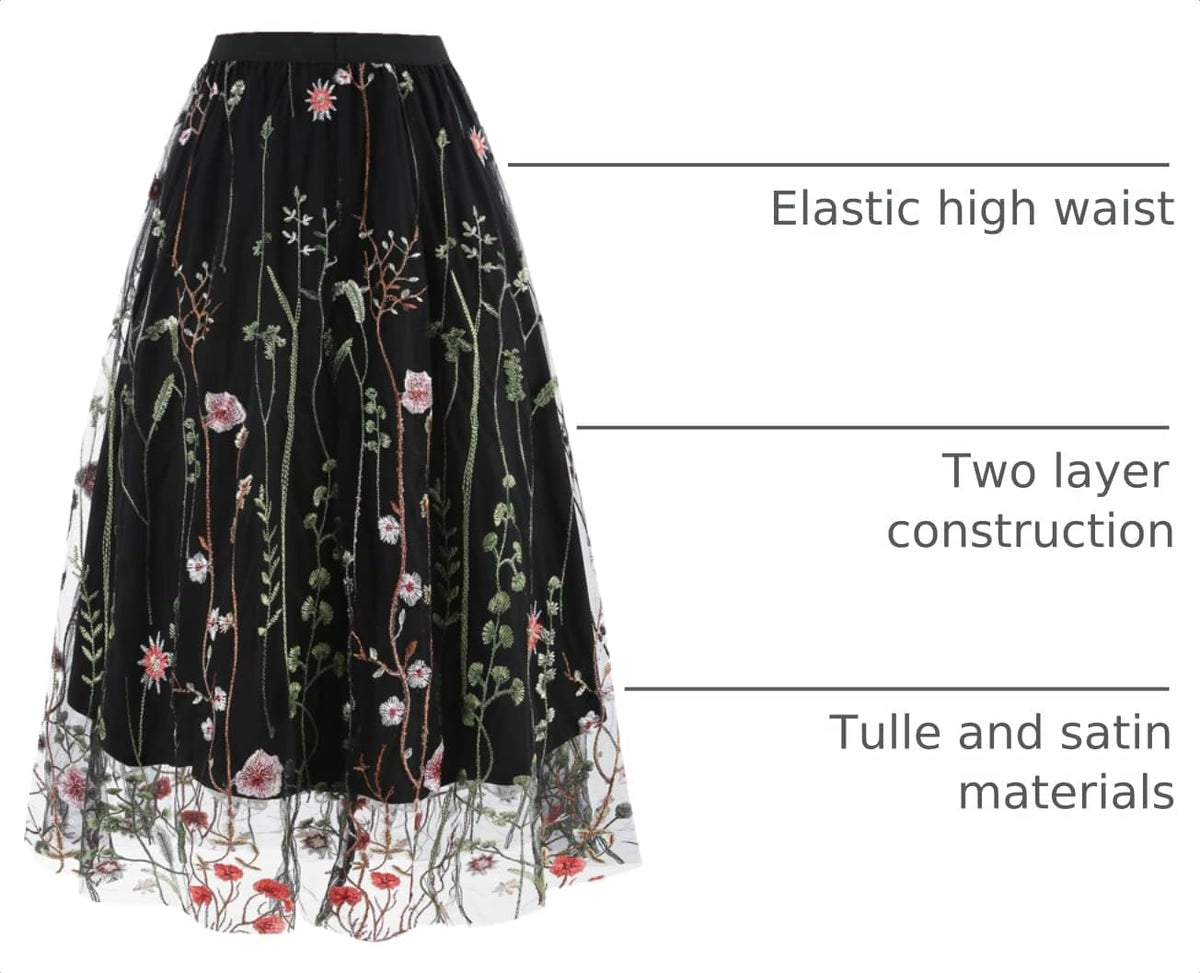Women Vintage Floral Embroidered Tulle Midi Skirt 50s Party Elastic High Waist A-line Swing Skirts