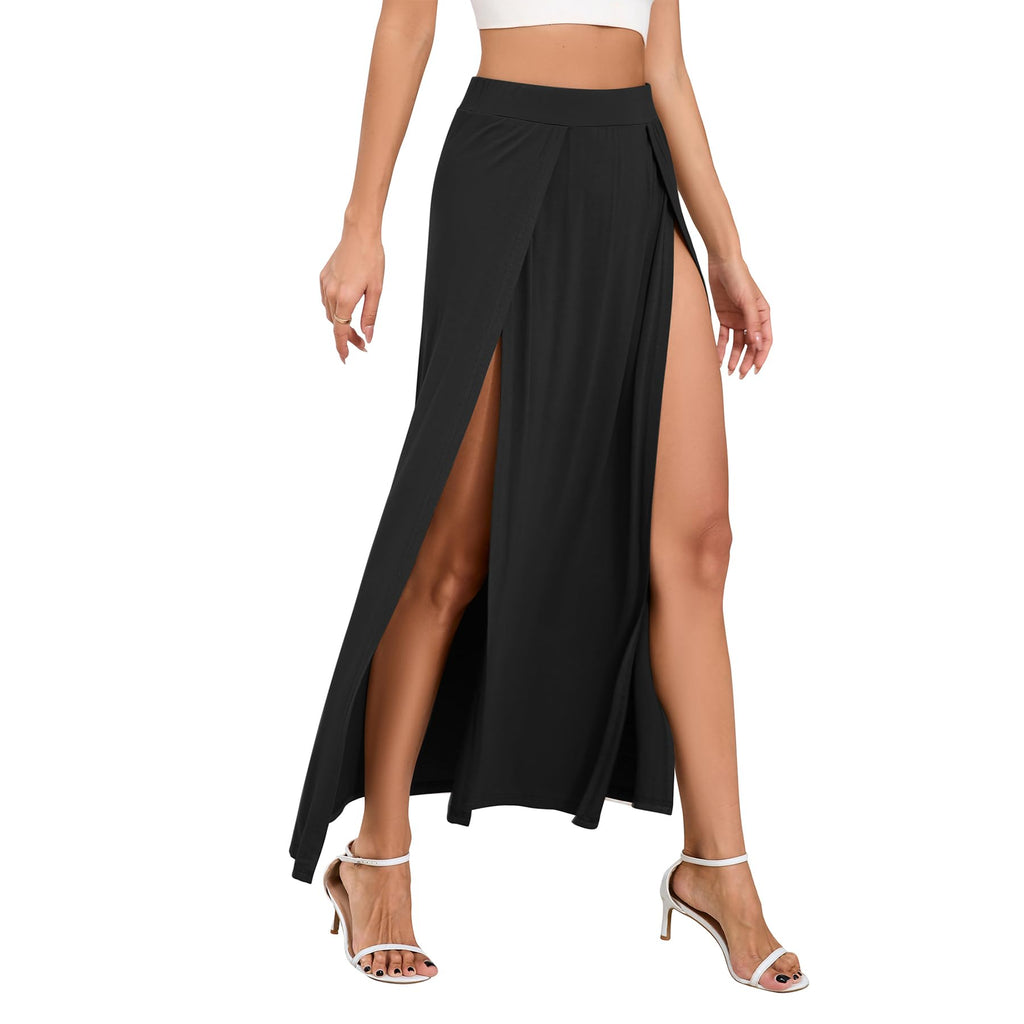 Zando Women's Sexy Double High Slit Maxi Skirt with High Elastic Waist