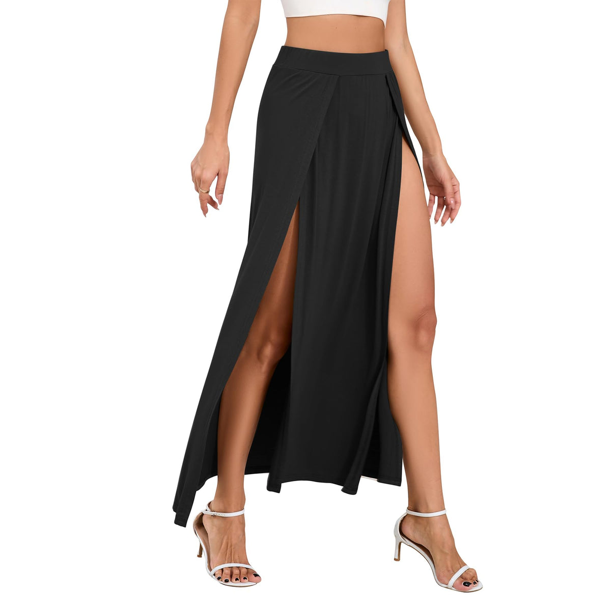 Zando Women's Sexy Double High Slit Maxi Skirt with High Elastic Waist