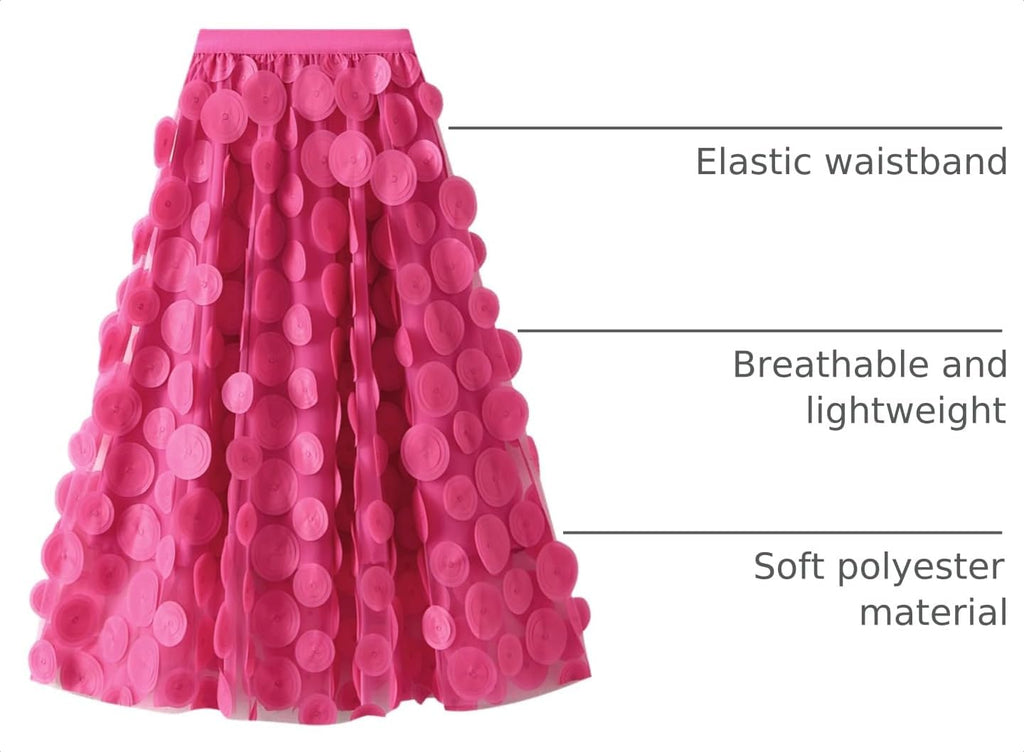 Tulle Skirt Women 3D Polka Dot Elastic Waist Mesh Flowy A-Line Midi Skirts Wedding Halloween Party Outfit
