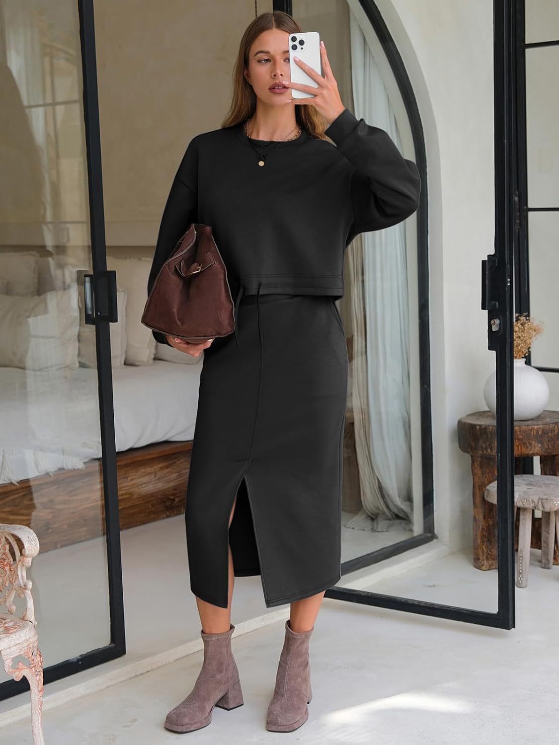 EXLURA Women Fall 2 Piece Skirts Set with Pockets Trendy Matching Outfit