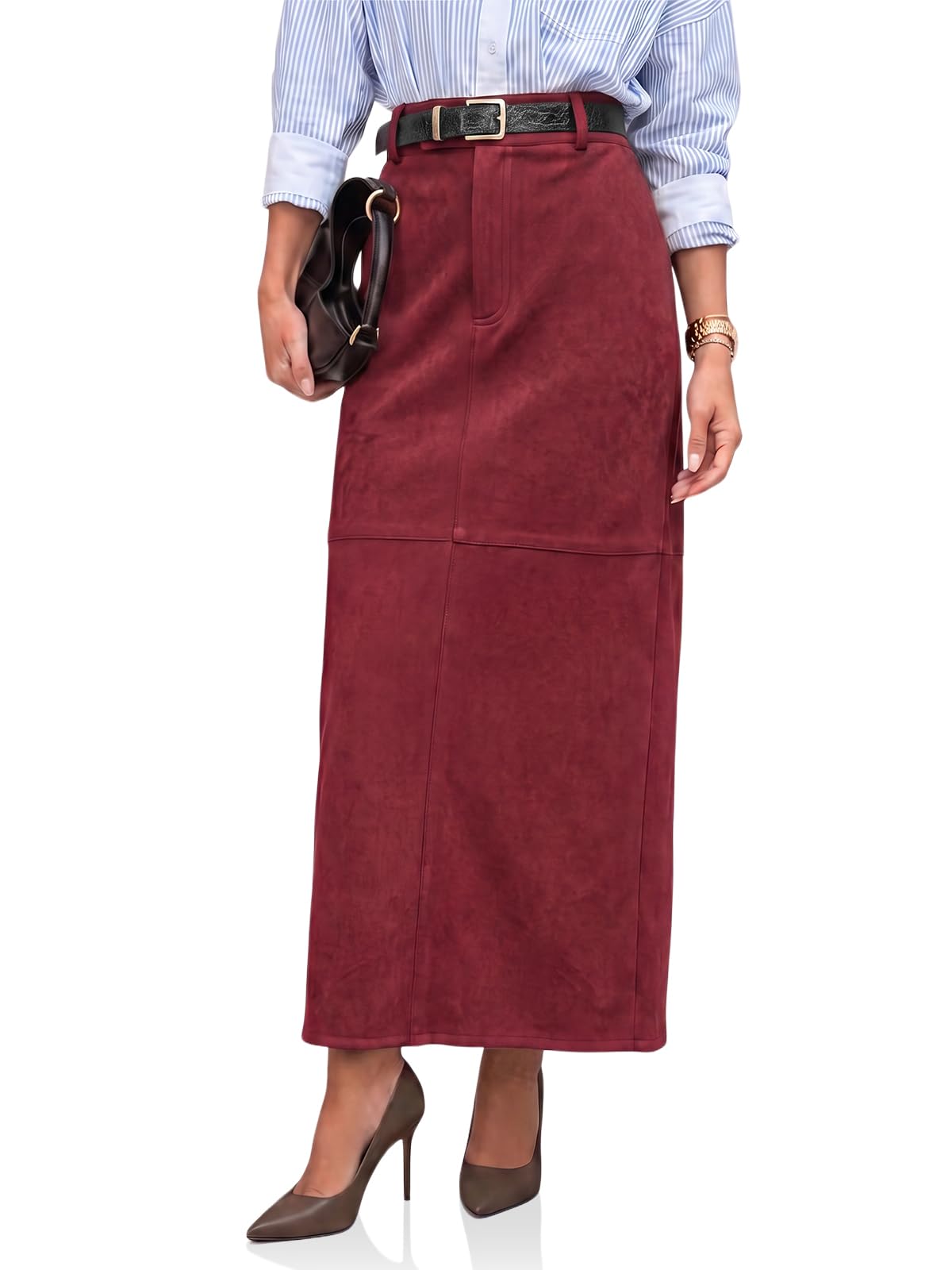 Cicy Bell Womens Suede Maxi Skirt High Waisted Slit Patchwork Pencil Skirts