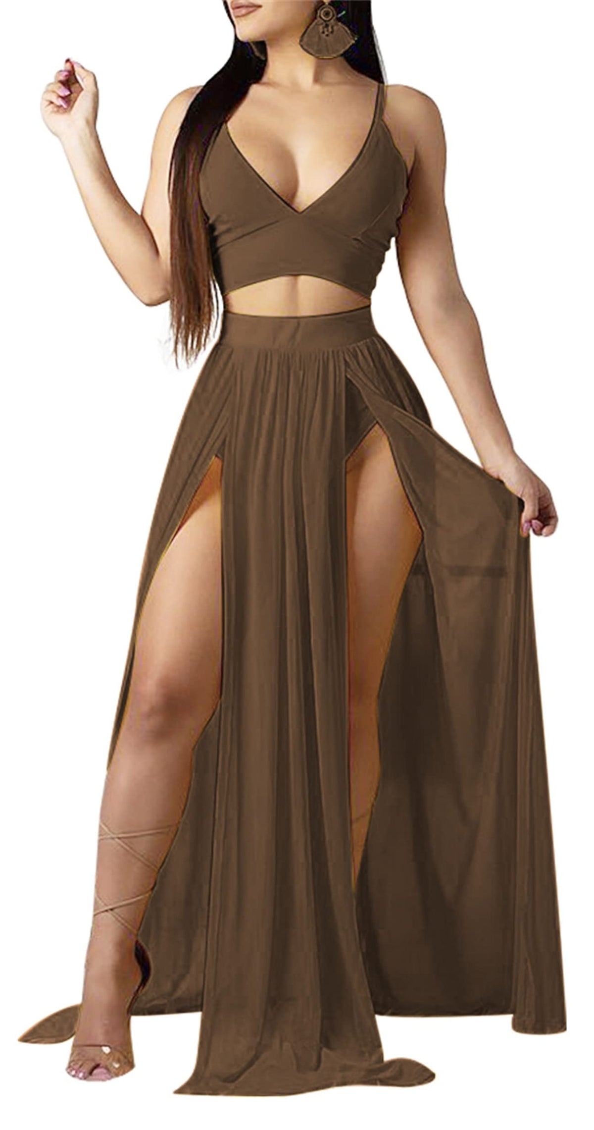 Women Sexy 2 Piece Outfits Dress Chiffon Strap Deep V Neck Bra Crop Top High Split Maxi Dresses Skirt Set