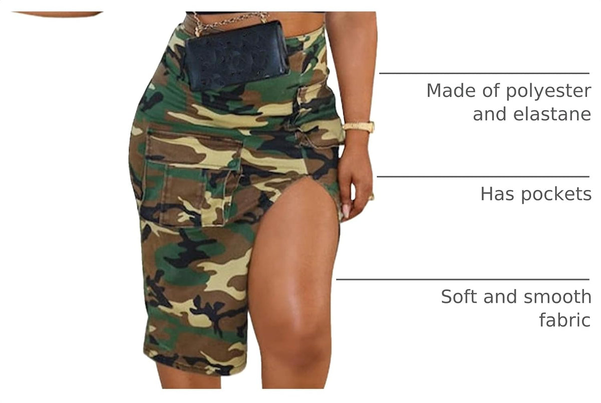Vakkest Women's Camo Cargo Skirt High Waist Slit Front Long Bodycon Skirts