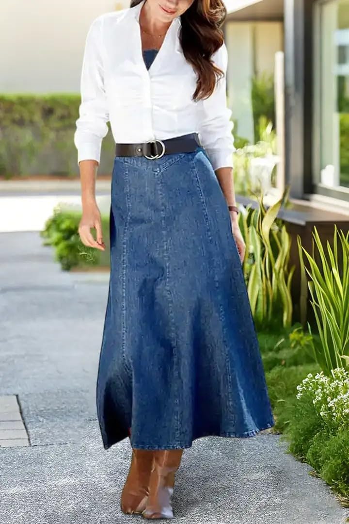 yoeasy Women's Vintage Denim Maxi Skirt Casual High Waist Flowy Swing A-Line Long Jean Skirt