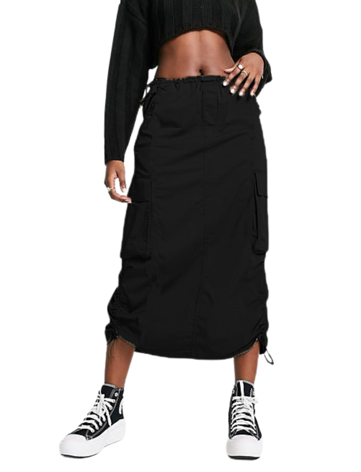 Women Y2k Cargo Long Skirt Low Waist Drawstring Maxi Skirt Ruched Vintage Slit Cargo Skirt with Pockets