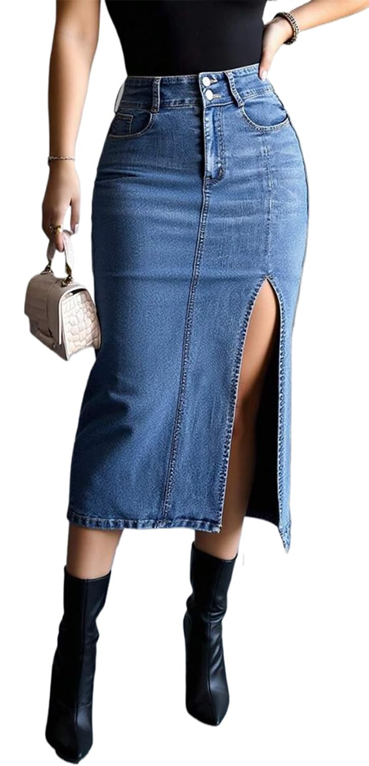 CaniBtr Women's Casual Slit Denim Midi Jean Skirt Stretch with Pockets