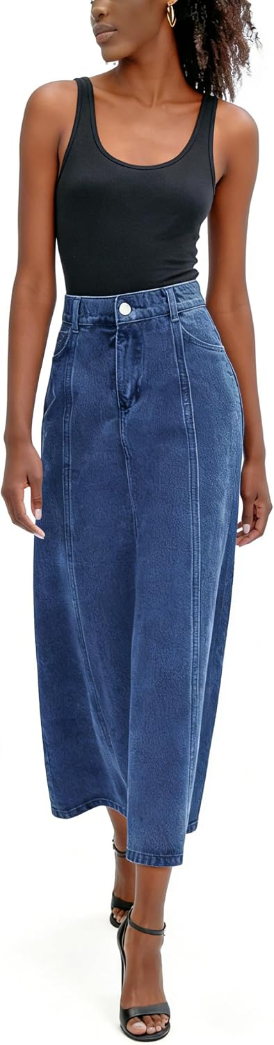 utcoco Women's Stretch High Waisted Denim Skirt Flowy A-Line Jean Maxi Skirt with Pockets