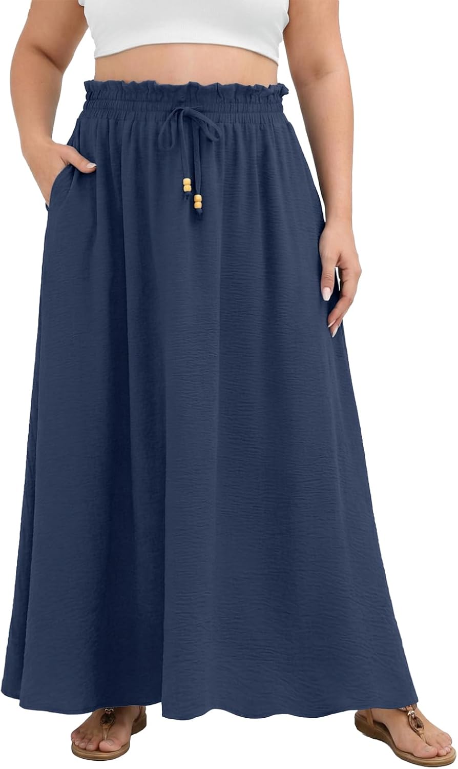 Lastshe Women's Plus Size Maxi Skirts Summer Beach Swing Pleated Elastic Waisted A-line Long Skirt with Pockets 2026