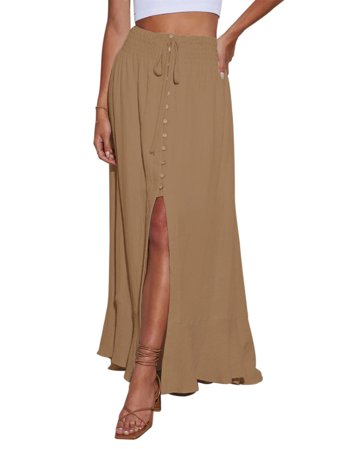 Minclouse Women's Elastic Tie Waist Button Down Maxi Skirts Casual Loose Flowy Swing Slit Front Dress