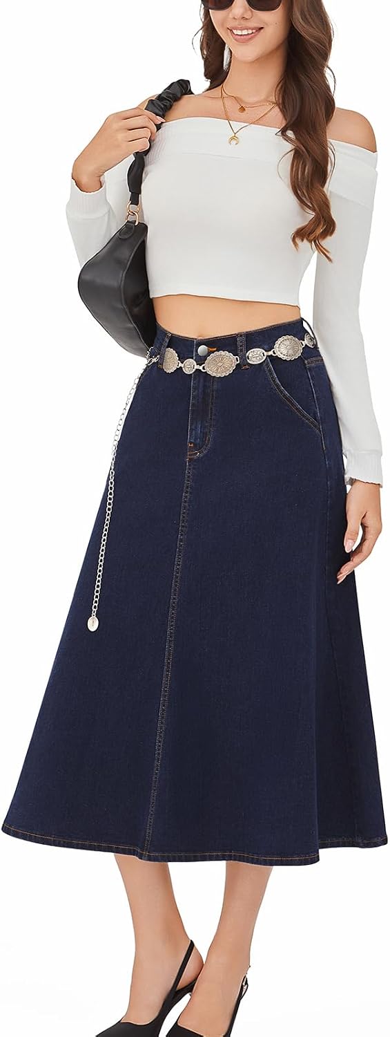 HUSKARY Women's Stretchy High Wasited A Line Long Maxi Jean Skirt Below Knee Length Flared Midi Denim Skirts with Pockets