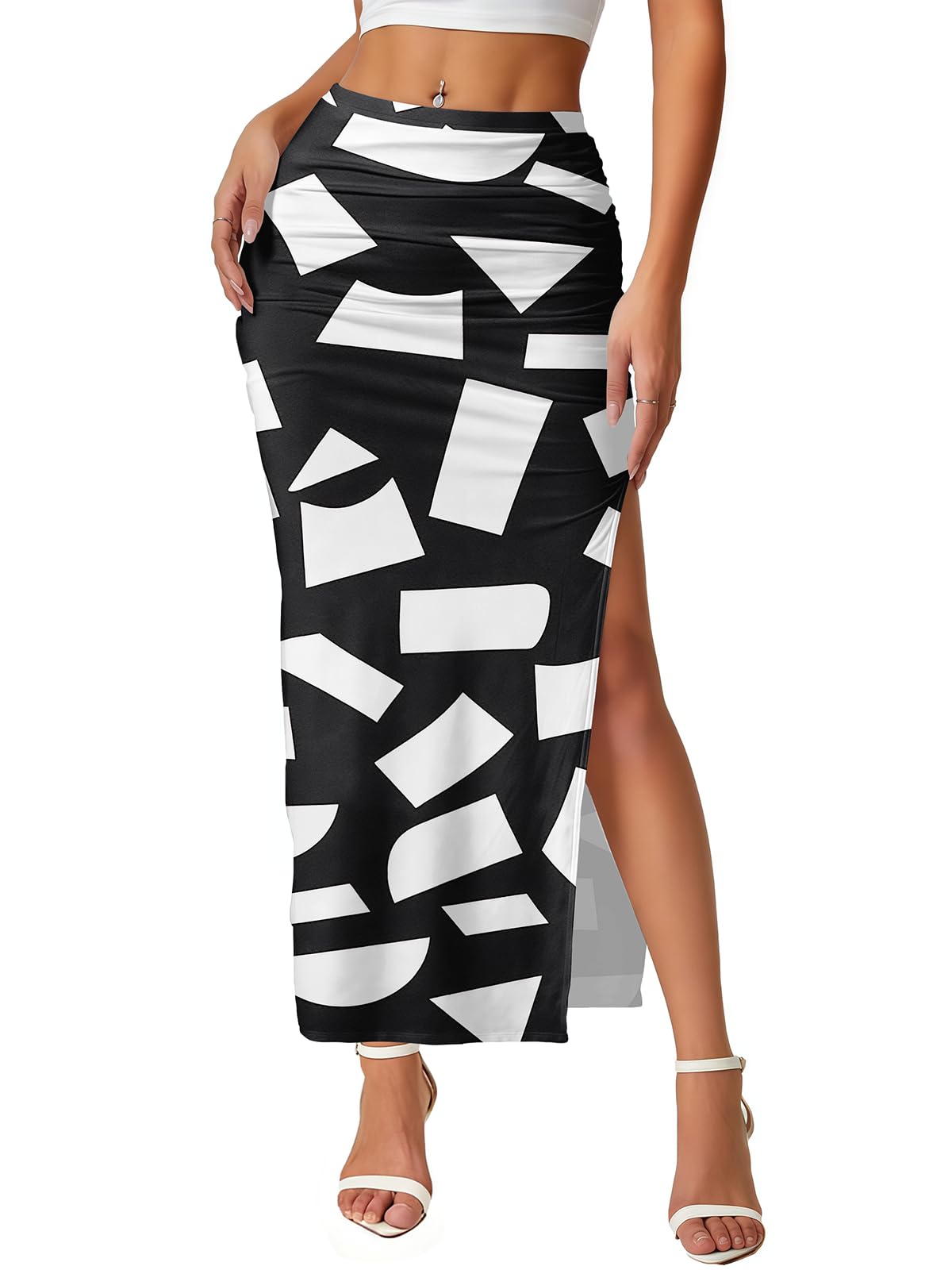 Women's Maxi Skirt Ruched Side Slit Thigh Elegant Bodycon Pencil Skirts