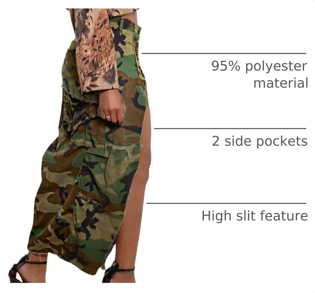 CHARTOU Women Camouflage Skirt Camo Maxi Pencil Skirt Bodycon Button Slit Cargo Skirt with Pocket