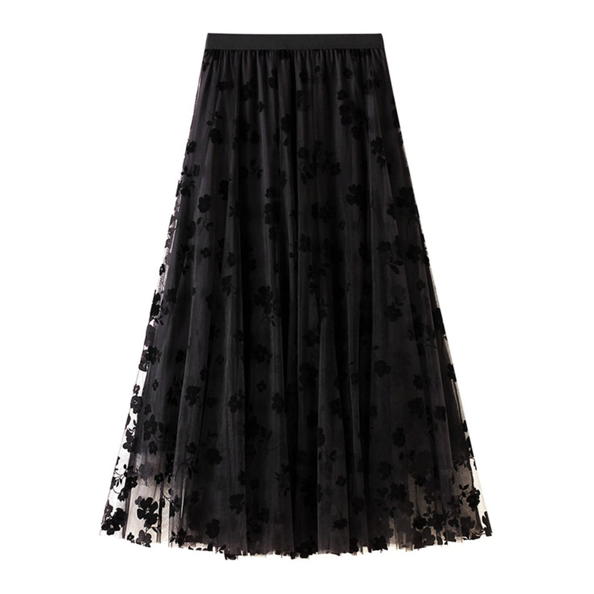 Dirholl Women's A-Line Fairy Patterned Elastic Waist Ruffle Tulle Layered Midi Skirt