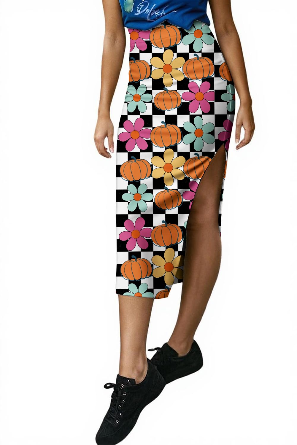 EARKOHA Womens Checkered Slit Midi Skirt Summer Fall Bodycon Long Skirts