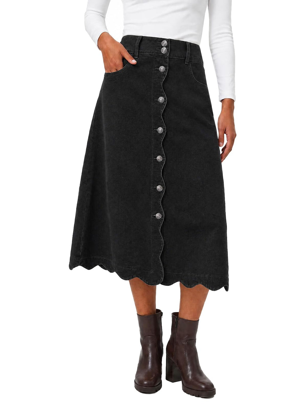 Flowyair Womens Button Down Scalloped Jean Skirt High Waisted Midi Skirts