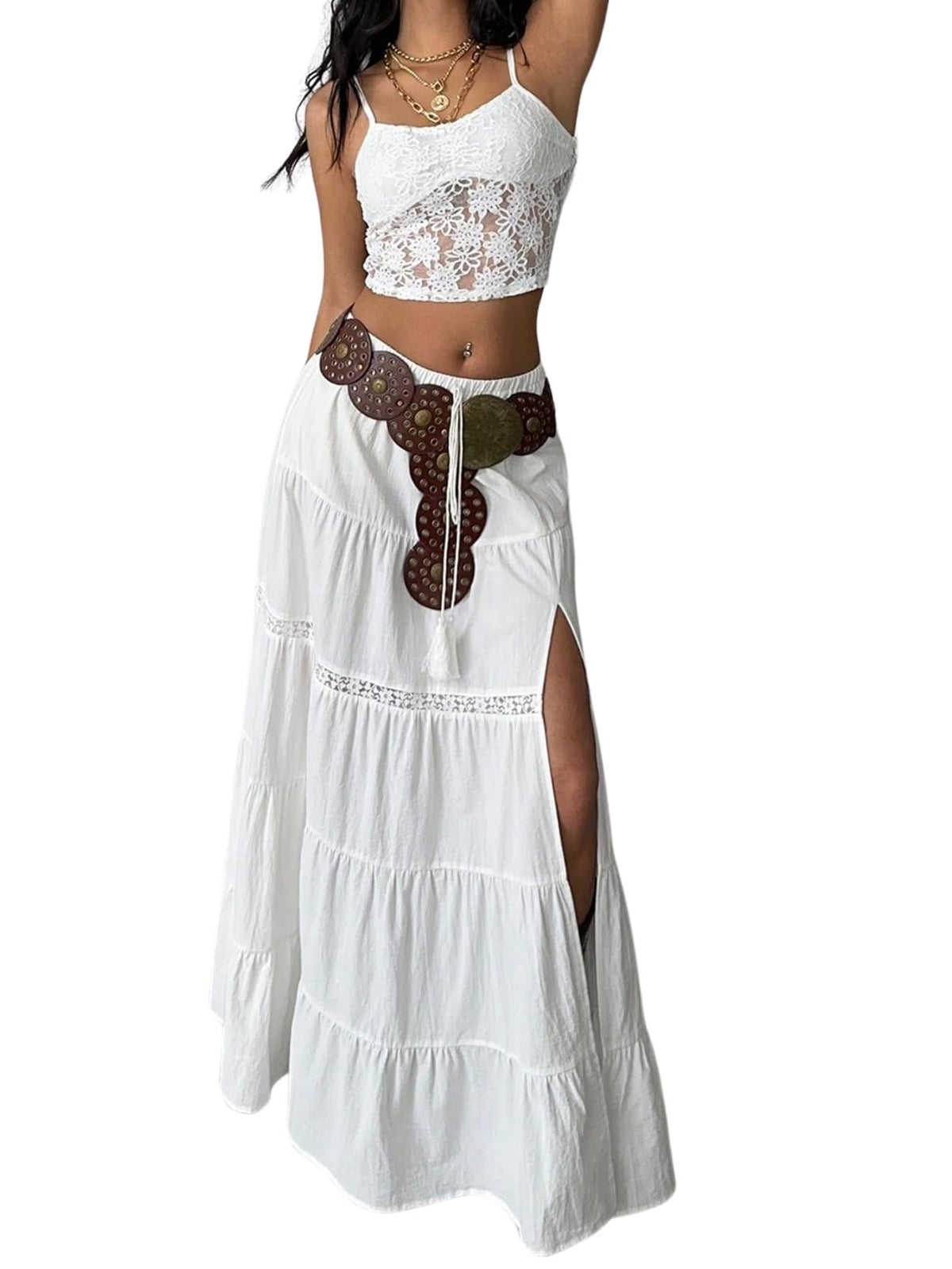 Verdusa Women's Long Maxi Skirts Boho Western Country Cncert Outfits Lace Skirt Split Layered Ruffle Skirt