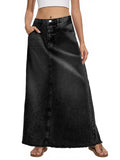 Fisoew Women's Vintage Denim Maxi Skirt Casual High Waist A-Line Frayed Hem Long Jean Skirt with Pockets